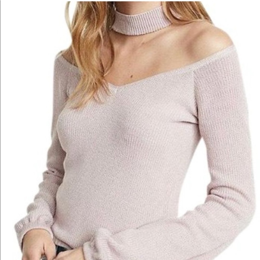 💕 EXPRESS Pink V-Neck Wide Neck Choker Sweater with Balloon Sleeves